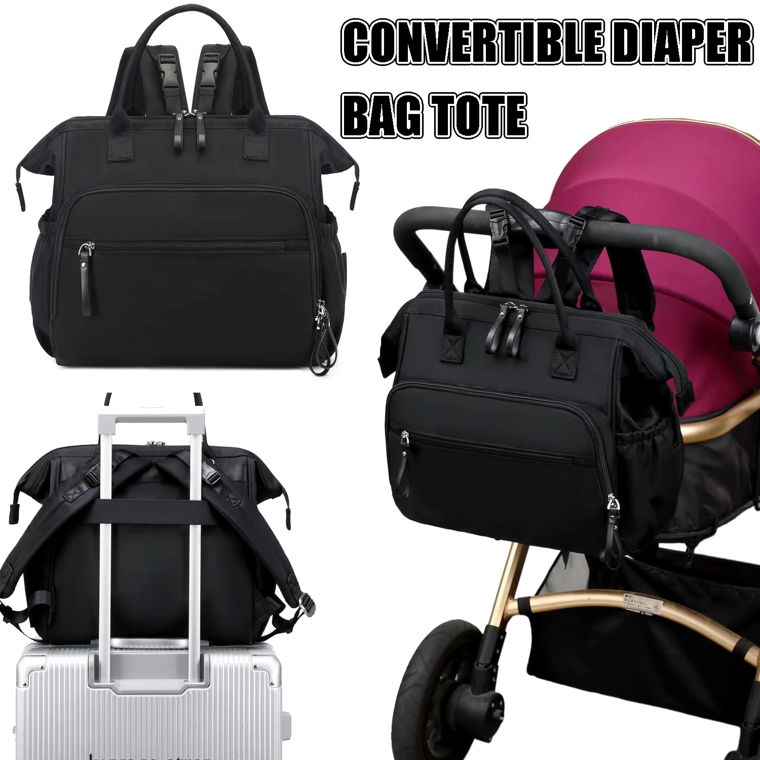 Bolsa de pañales convertible, bolso de mano con parte superior abierta, mochila para cambiar pañales, mochila para pañales con 14 bolsillos y hebilla para cochecito, resistente al agua