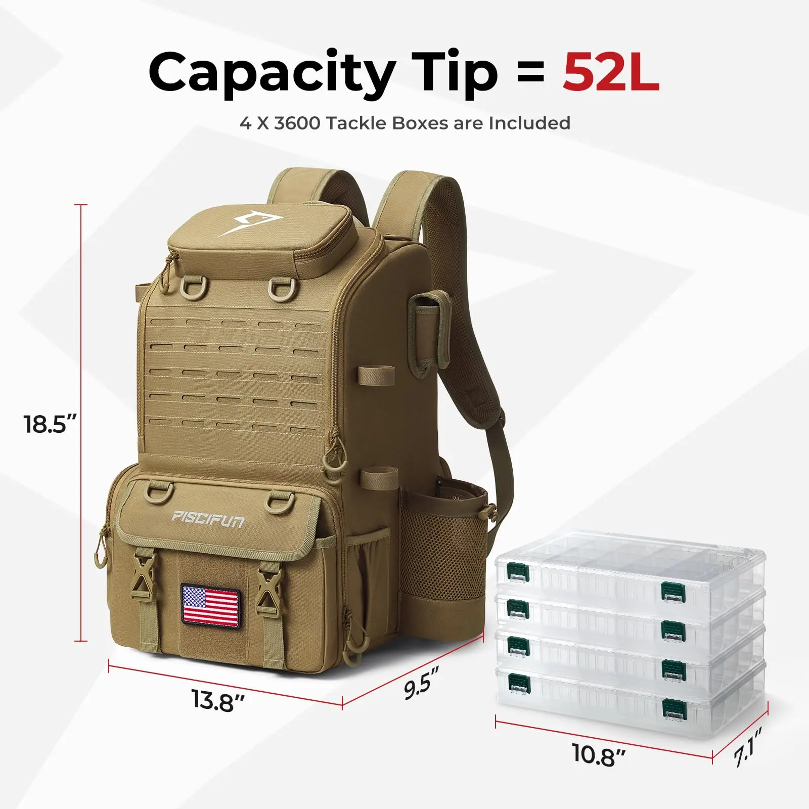 52L Fishing Tackle Backpack with Rod Holders & 4 Tackle Boxes, Large Tackle Bag for Gear Storage with Rain Cover - imagen 5