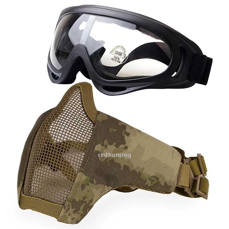 Conjunto de máscara táctica para Airsoft, máscara de malla inferior de media cara, máscara de acero plegable, máscara protectora de combate con gafas de caza - imagen 2