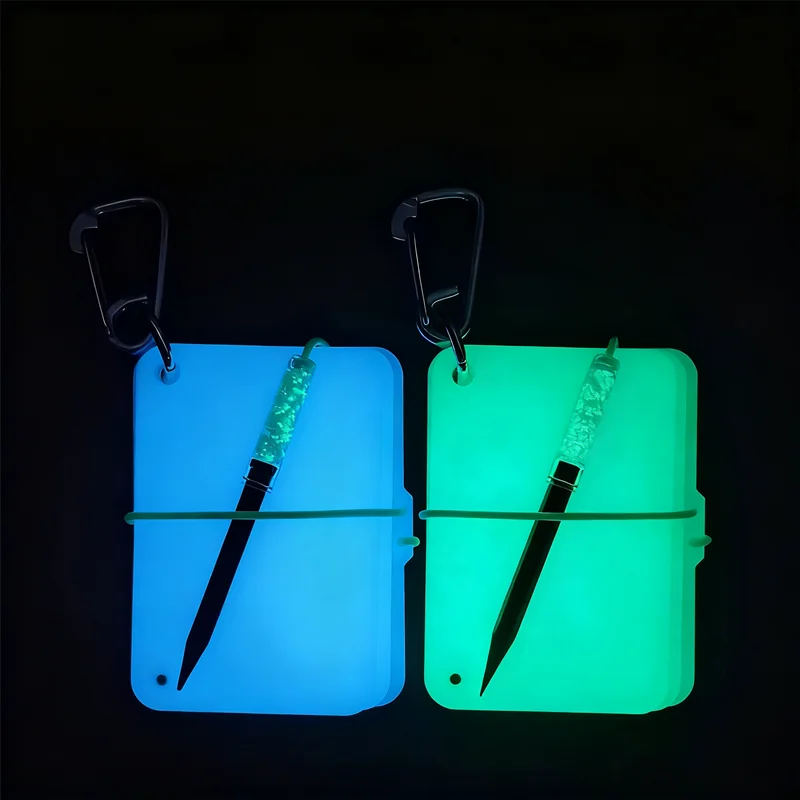 Tablero de escritura brillante de 3 páginas, PMMA, buceo nocturno, libro de registro de escritura, guía luminosa de agua con hebilla colgante de lápiz de grafito