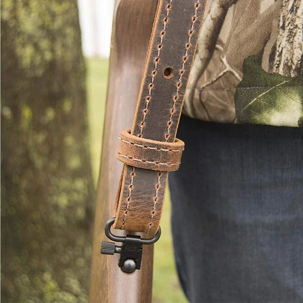 Eslinga de cuero para escopeta, correa para Rifle, cinturón de montaje giratorio genuino, adaptador de eslinga desmontable rápido de Metal para caza ajustable - imagen 4