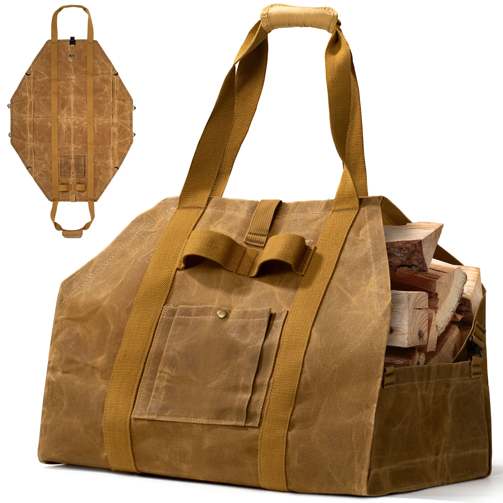 OneTigris portador de leña 2 en 1 bolsa portadora de leña de lona encerada portador de leña portador de leña de Camping portadores de leña - imagen 2