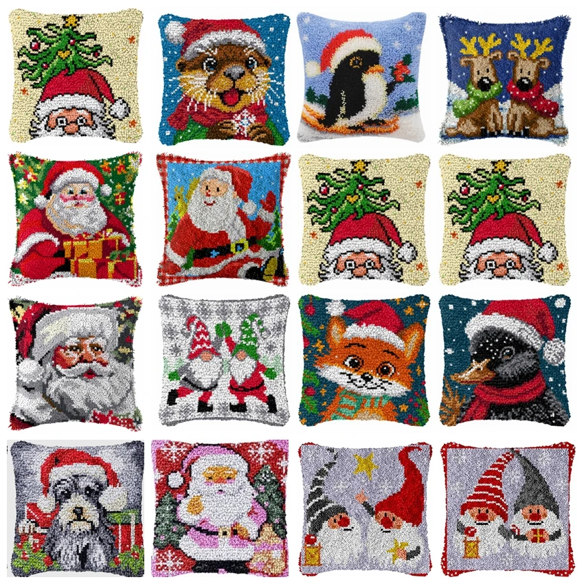 Kit de gancho de pestillo de ciervo de Navidad, paquete de almohada con nudo de Papá Noel, Kits de gancho de pestillo bordado, juego de funda de almohada de cojín para costura