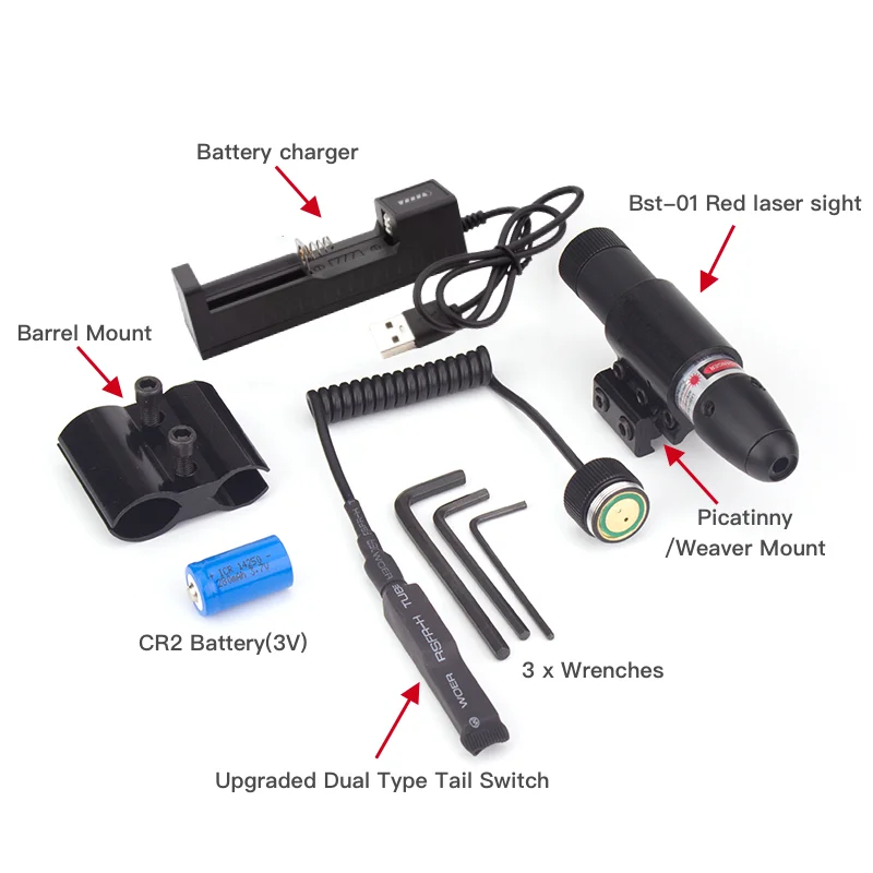 Mira láser de punto rojo con mira láser de montaje en riel Picatinny de 11/20mm con batería y cargador mira láser