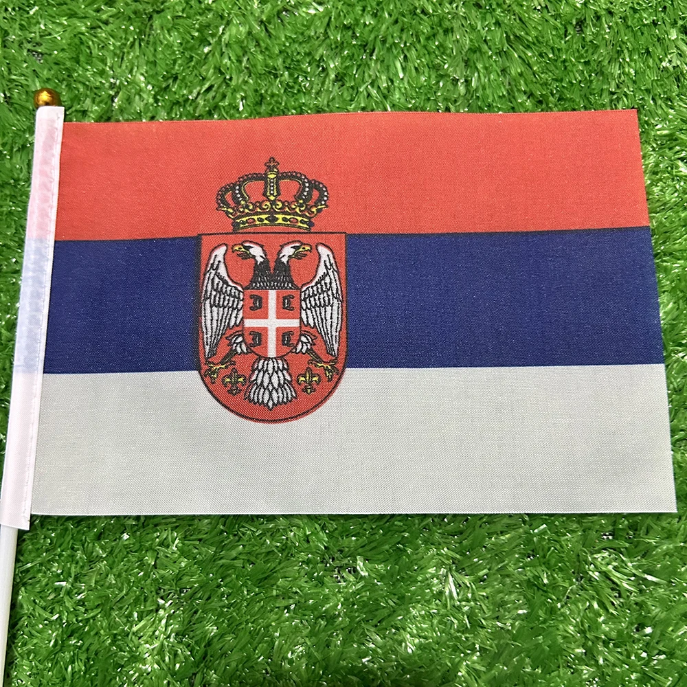 Bandera de mano de Serbia con bandera de SKY, 10/20/50/100 Uds., 21x14cm, banderas onduladas a mano de Serbia con poste de plástico para actividades deportivas, decoración del hogar - imagen 4