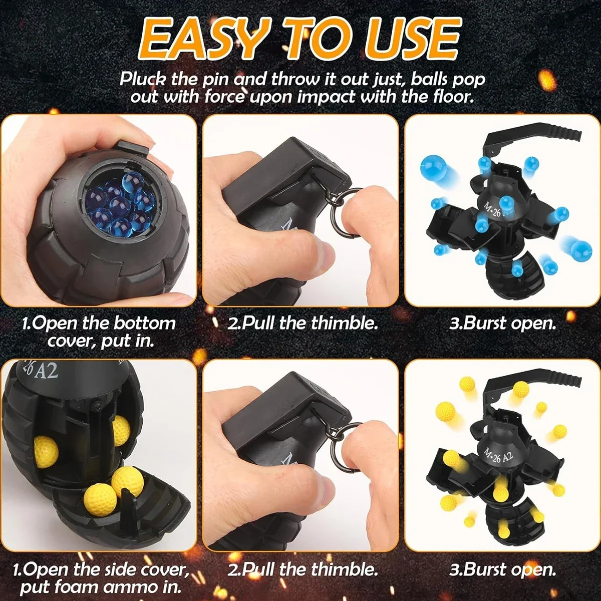 1/3 Uds M26a2 modelo de granada de nailon juguete de granada de explosión, modelo de granada Airsoft, anticaída, recargable, bola de Gel, confeti, harina - imagen 5