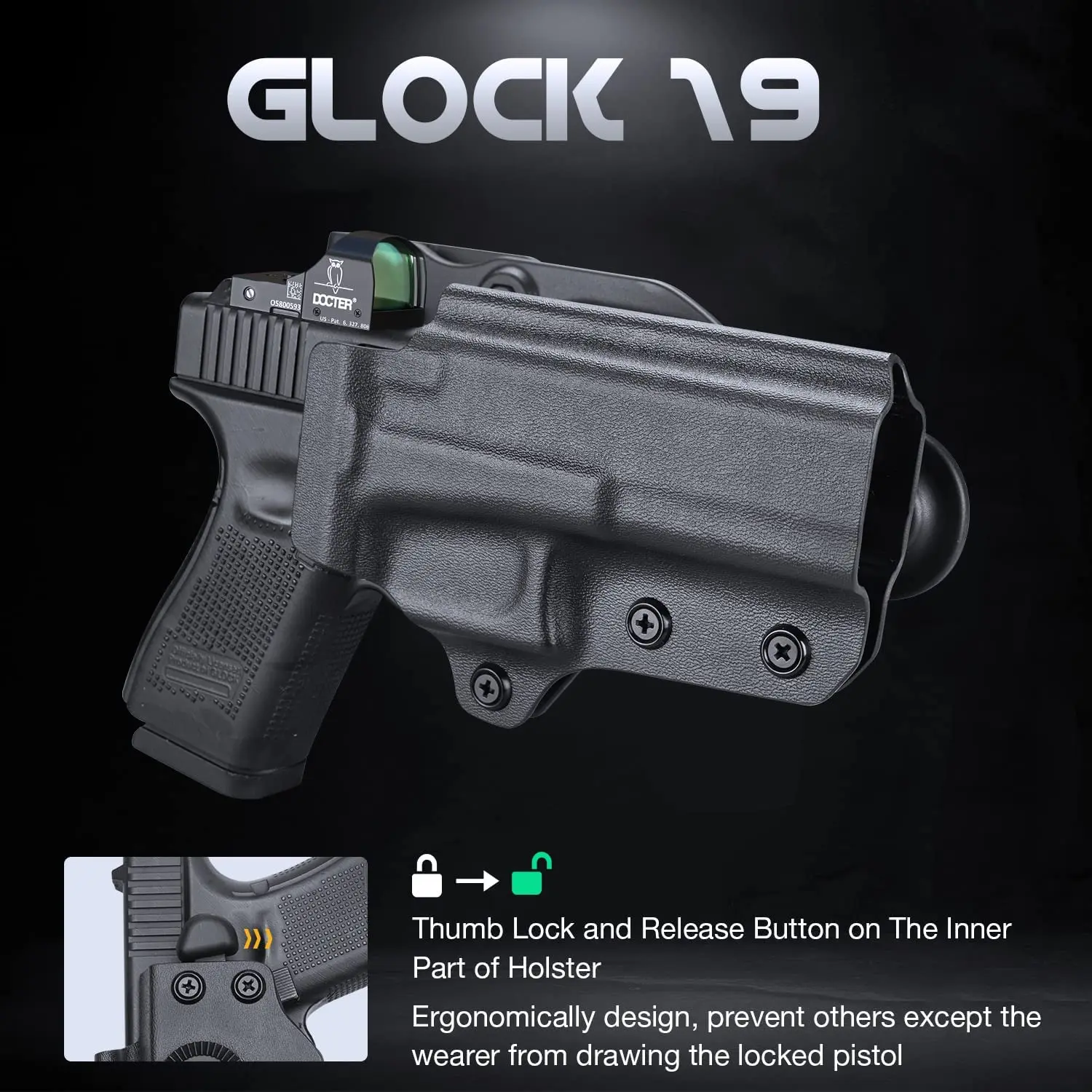 Solo se adapta a Glock 17/19/19X/44/45 Gen (1 2 3 4 5), pistola y flor, UGB Kydex nivel II, funda de liberación de pulgar, corte óptico, mano derecha - imagen 5
