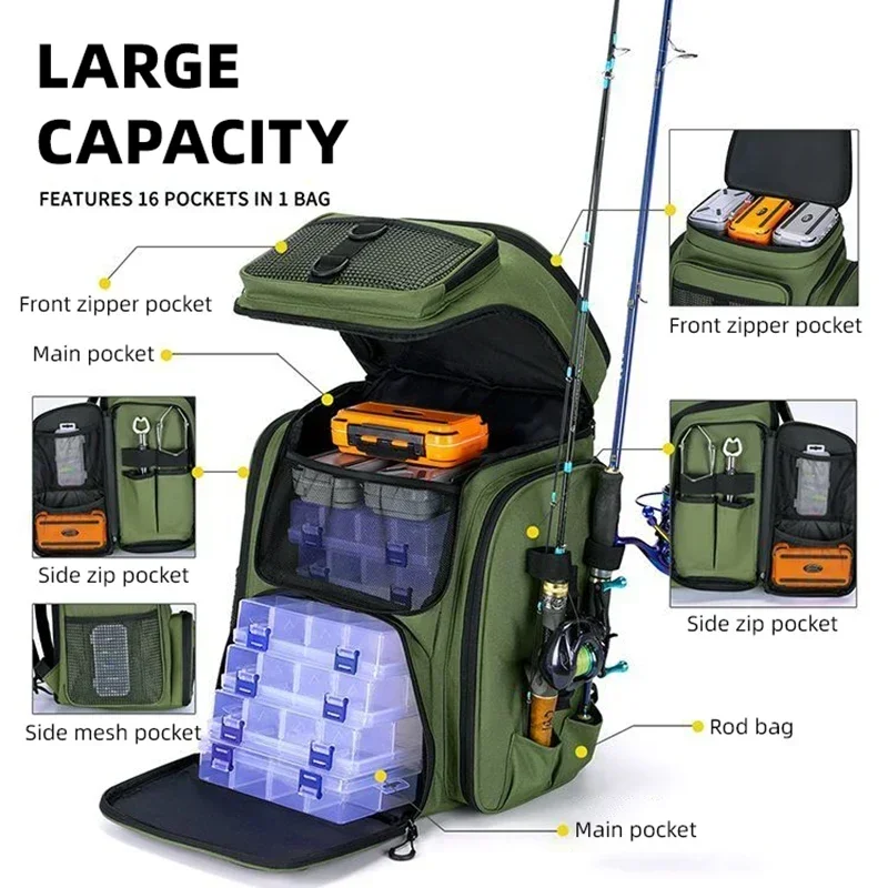 Mochila de pesca, mochila multifuncional para aparejos de pesca, bolsa de almacenamiento para exteriores con cubierta protectora contra la lluvia para equipo de pesca - imagen 3