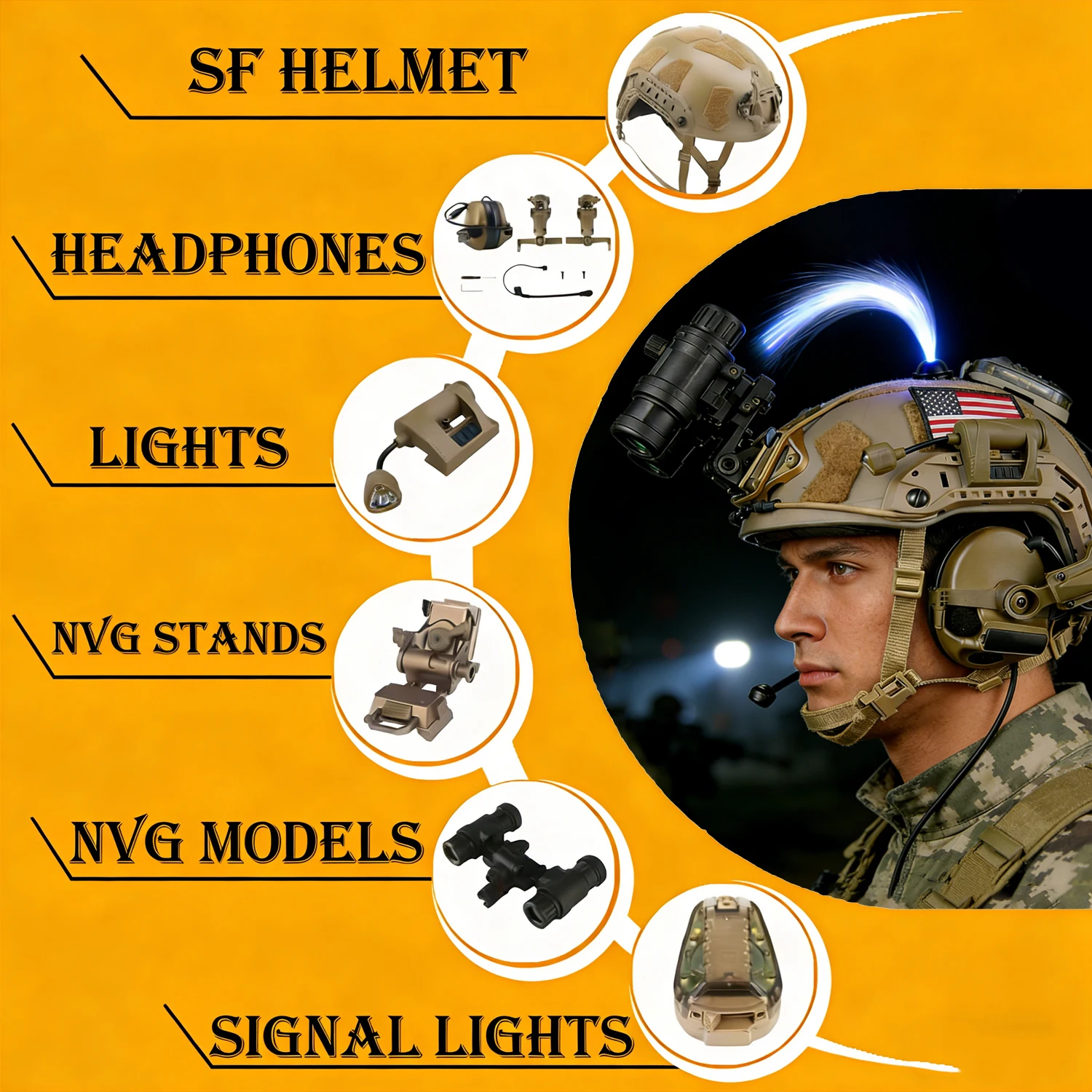 Casco táctico con luz señal, auriculares y soporte NVG para airsoft