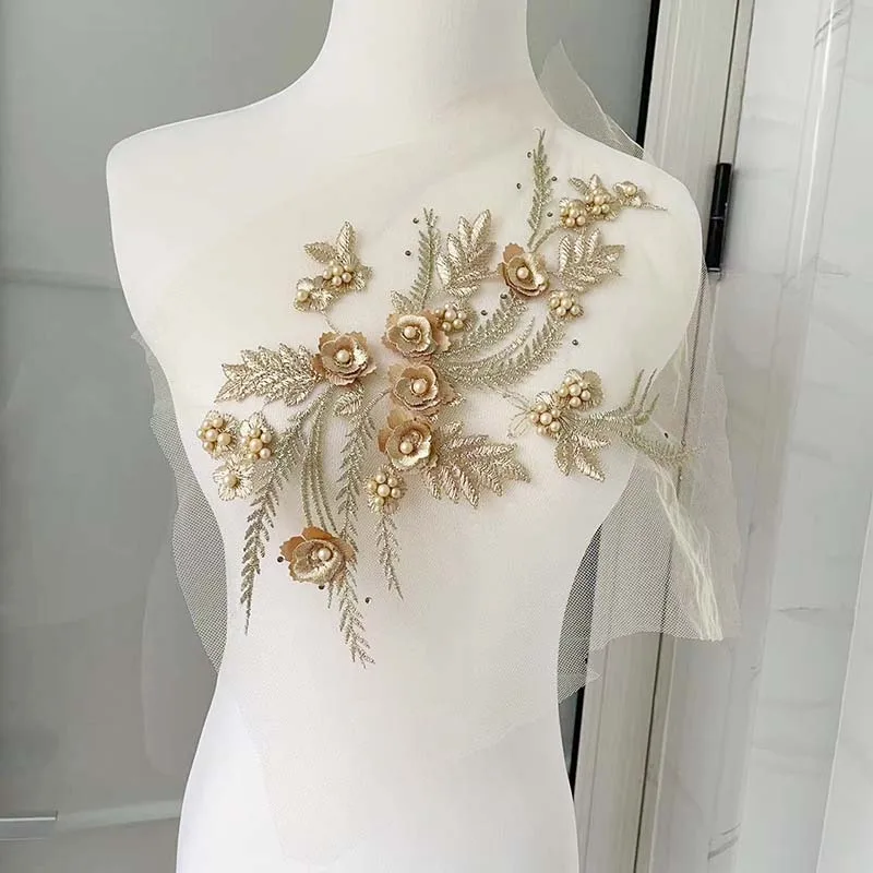 Parches de cuentas de diamantes de imitación, suministros de costura, apliques de flores 3d, tela de encaje bordado, coser parches para vestido, 1 par = 2 piezas/32x21CM - imagen 5