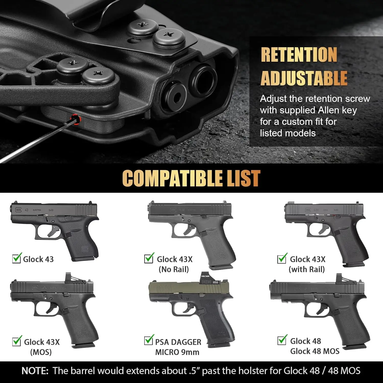 Funda táctica Glock 43/43X IWB/OWB sin láser, pinza derecha - imagen 4