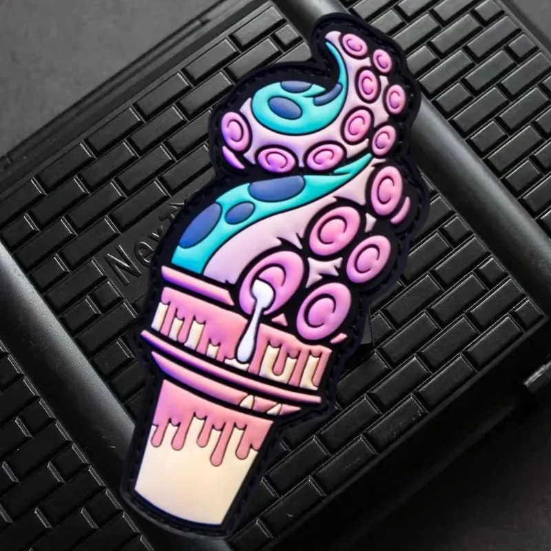 Insignia de moral de helado de pulpo de PVC 3D, parche de gancho y bucle para decoración de mochila, pegatina, emblema táctico, accesorio, parches Klett - imagen 4