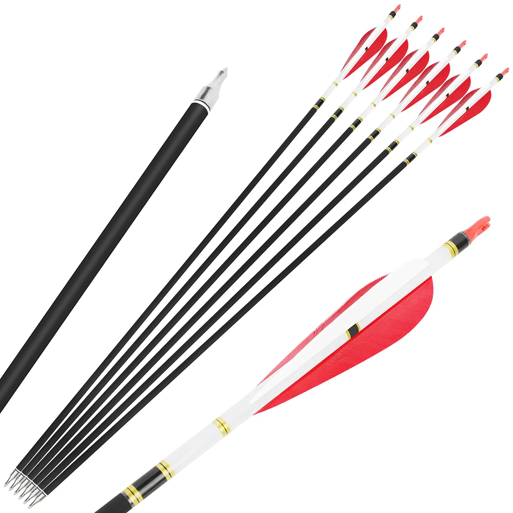 Spine500 flechas de carbono mixtas punta de flecha de grano 100 4/5 pulgadas gota de agua pluma de pavo caza tiro con arco deportes, 6/12 Uds flechas - imagen 4