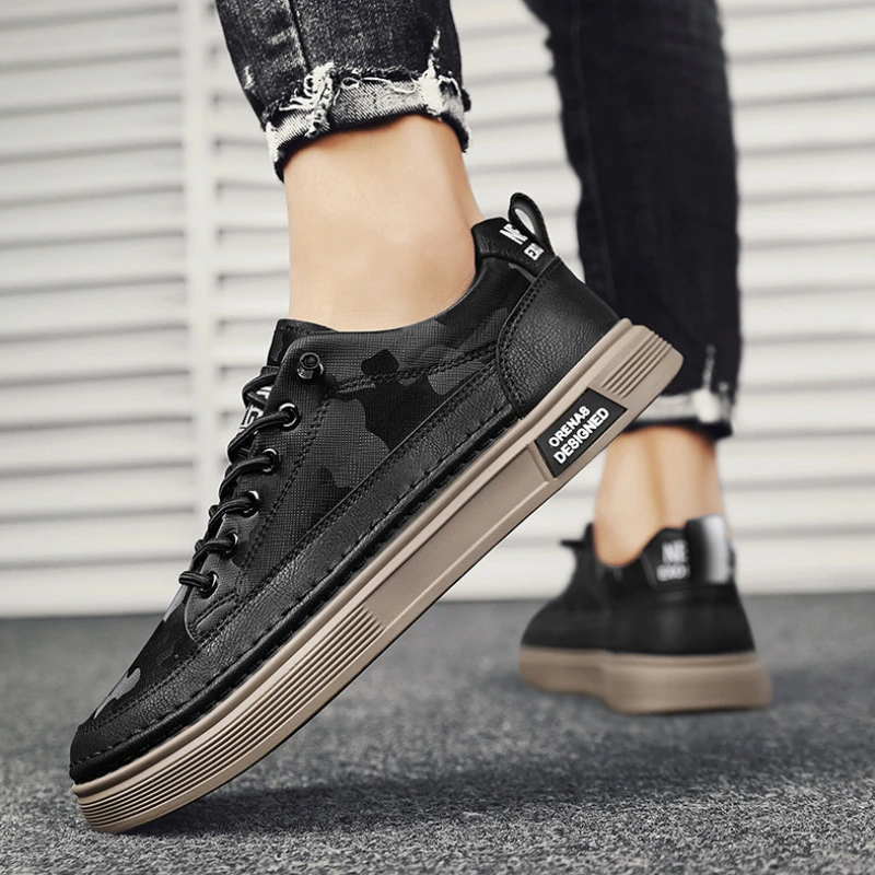 Zapatillas de deporte de calidad para hombre, mocasines de cuero PU sin cordones, zapatos vulcanizados antideslizantes con plataforma para hombre, zapatos para caminar de conducción negros a la moda - imagen 5