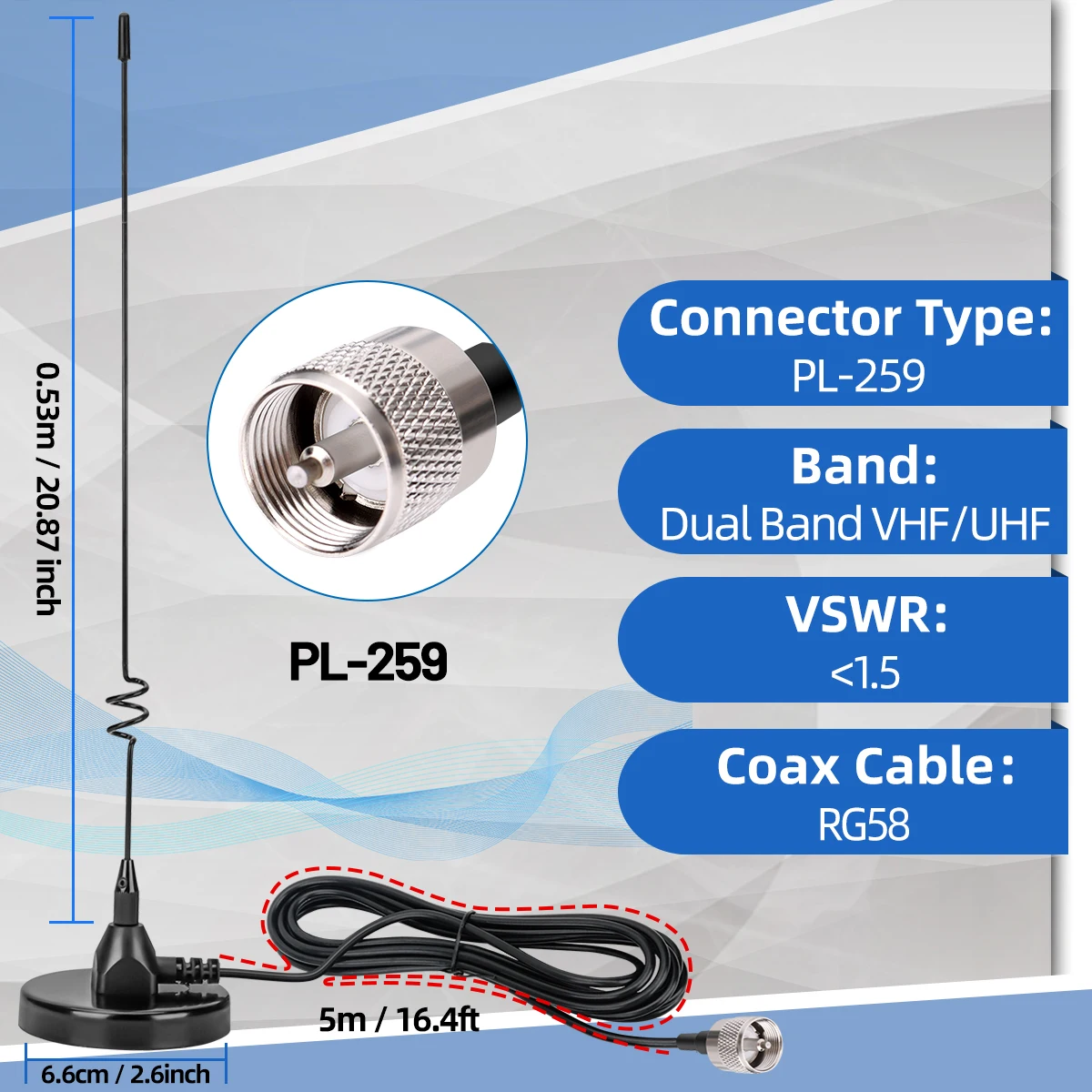 ABBREE AD-109 antena de Radio móvil magnética PL-259/SMA-hembra de alta ganancia de doble banda de largo alcance para Walkie Talkie UV-21 PRO AR-152 - imagen 3