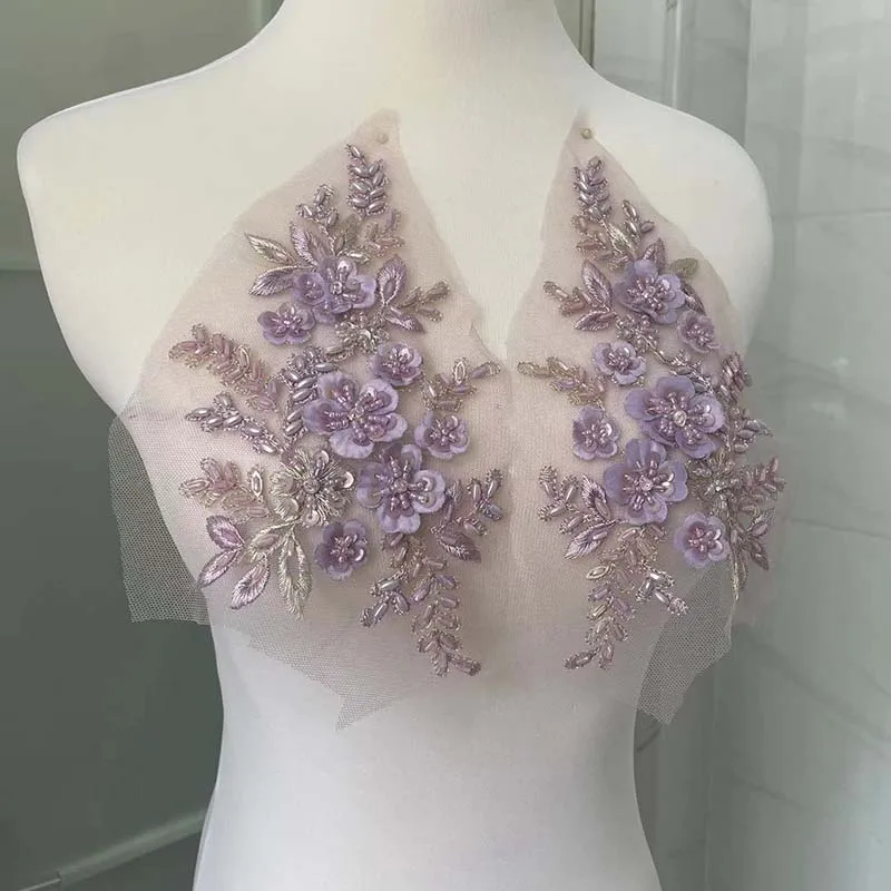 Corpiño de lentejuelas con cuentas, suministros de costura, tela de encaje de flores 3d, bordado, parches para coser para vestidos, boda, 1 par, 21x22CM - imagen 4