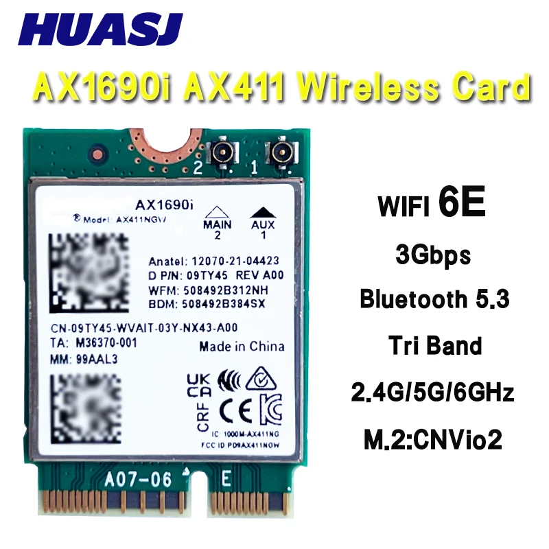 Wi-Fi 6E AX1690i AX411 AX411NGW WIFI 6E Velocidad 2.4 Gbps 802.11ax 2.46GHz 56GHz 6GHz Bluetooth 5.3 BT5.3