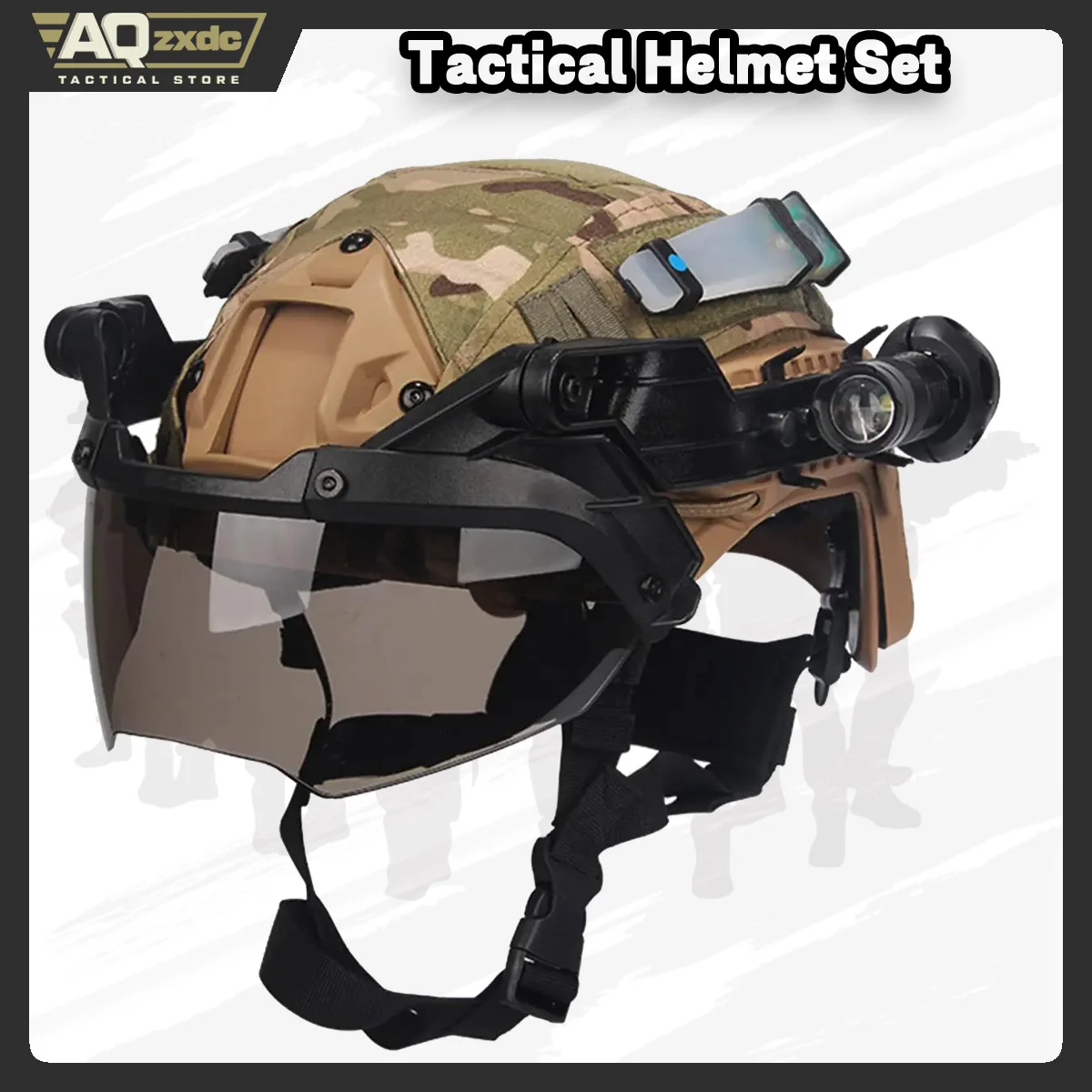 AQzxdc Juego de casco de juego de Paintball con visera, linterna, luz intermitente, juego de funda para casco para Airsoft, tiro, juegos de guerra, accesorio de película