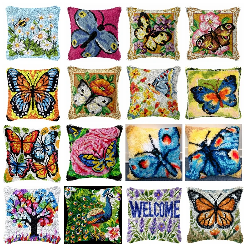 Kit de gancho de pestillo bordado de mariposa, cojín, alfombra de dibujos animados, gancho de pestillo, Kits de alfombra, paquete de almohadilla de botón, paquete de Smyrna, Deco DIY