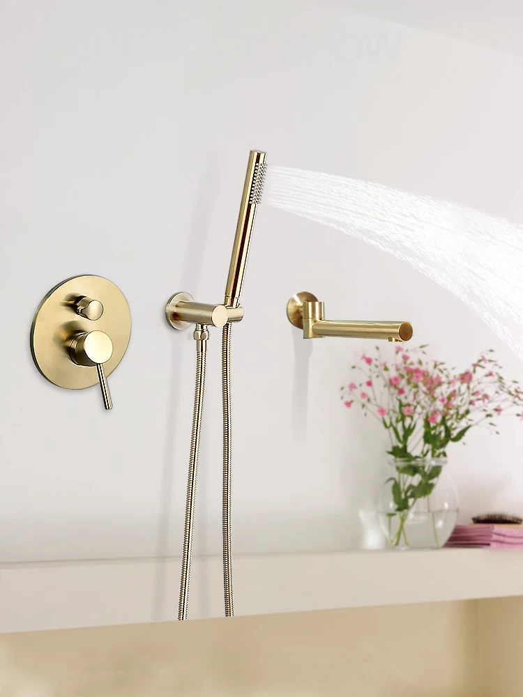 Grifo de baño de cobre montado en la pared, juego de ducha de borde de bañera de agua fría y caliente oculta, dorado - imagen 2