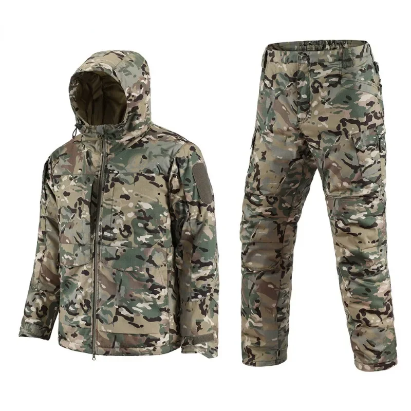Conjunto de 2 piezas de forro polar impermeable y a prueba de viento para hombre, capucha, múltiples bolsillos, cremallera, chaqueta resistente al desgaste, pantalones de ciclismo al aire libre, Invierno - imagen 5