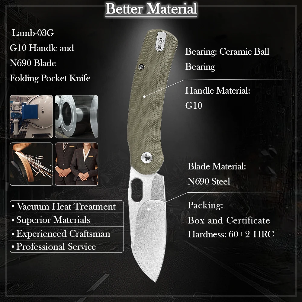 TRIVISA Lamb-03G cuchillo plegable EDC N690 G10 clip acampada - imagen 4