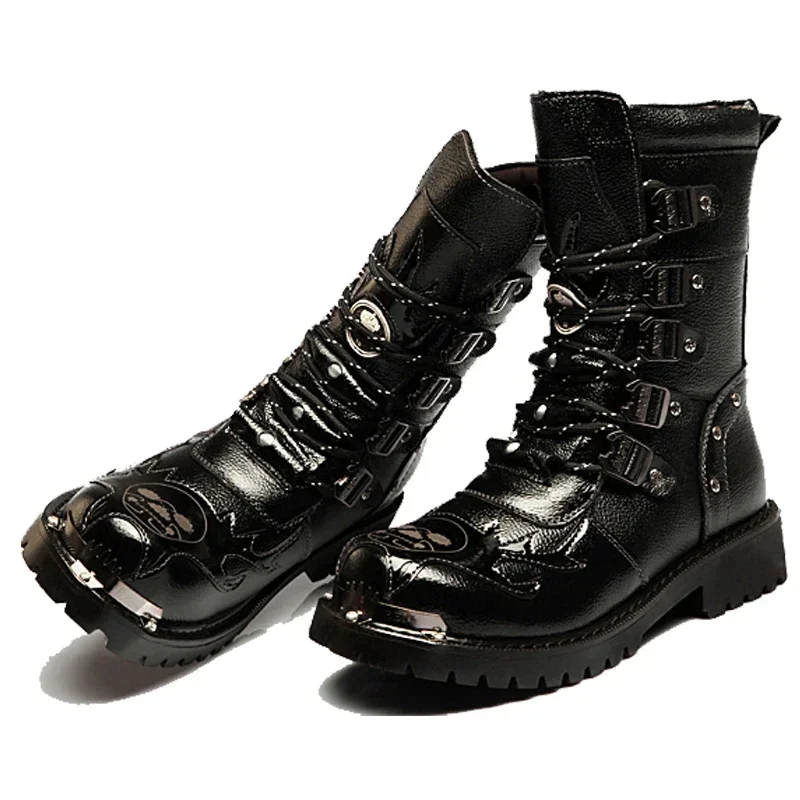 Botas de moto para hombre, zapatos de media pantorrilla, Punk, Rock, Punk, cuero genuino, negro, alta calidad, informales, de invierno, nueva moda, 38-46 - imagen 2