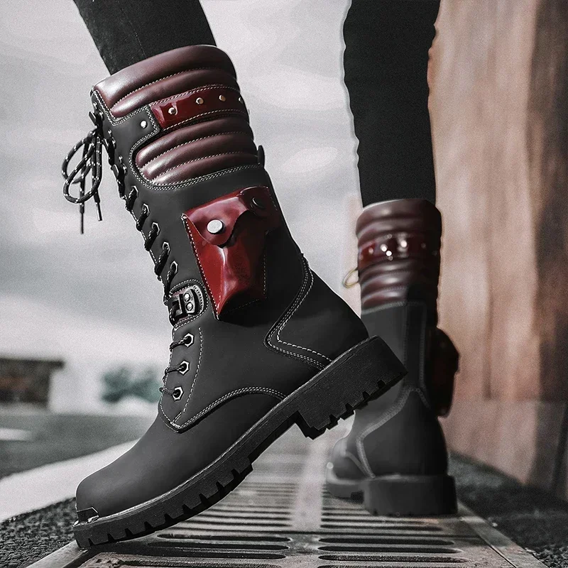Botas de tacón alto para hombre, zapatos informales de cuero con cordones, color negro, estilo Punk, motorista, a la moda, estilo militar, para invierno - imagen 4