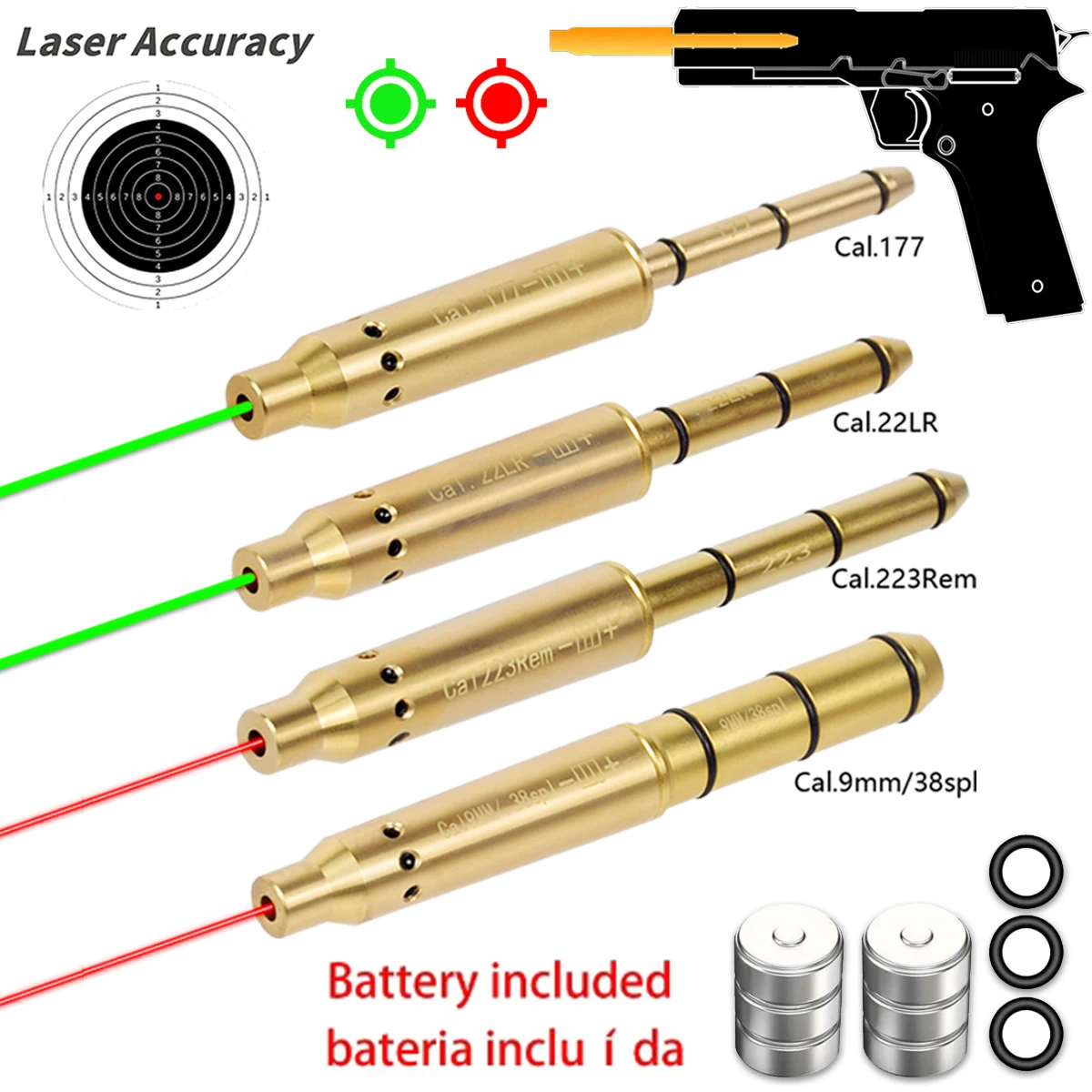 Mira láser táctica. 177/.22LR/.223 Rem/9mm/7,62mm Cal punto rojo puntero láser colimador cartucho Boresighter para pistolas - imagen 2