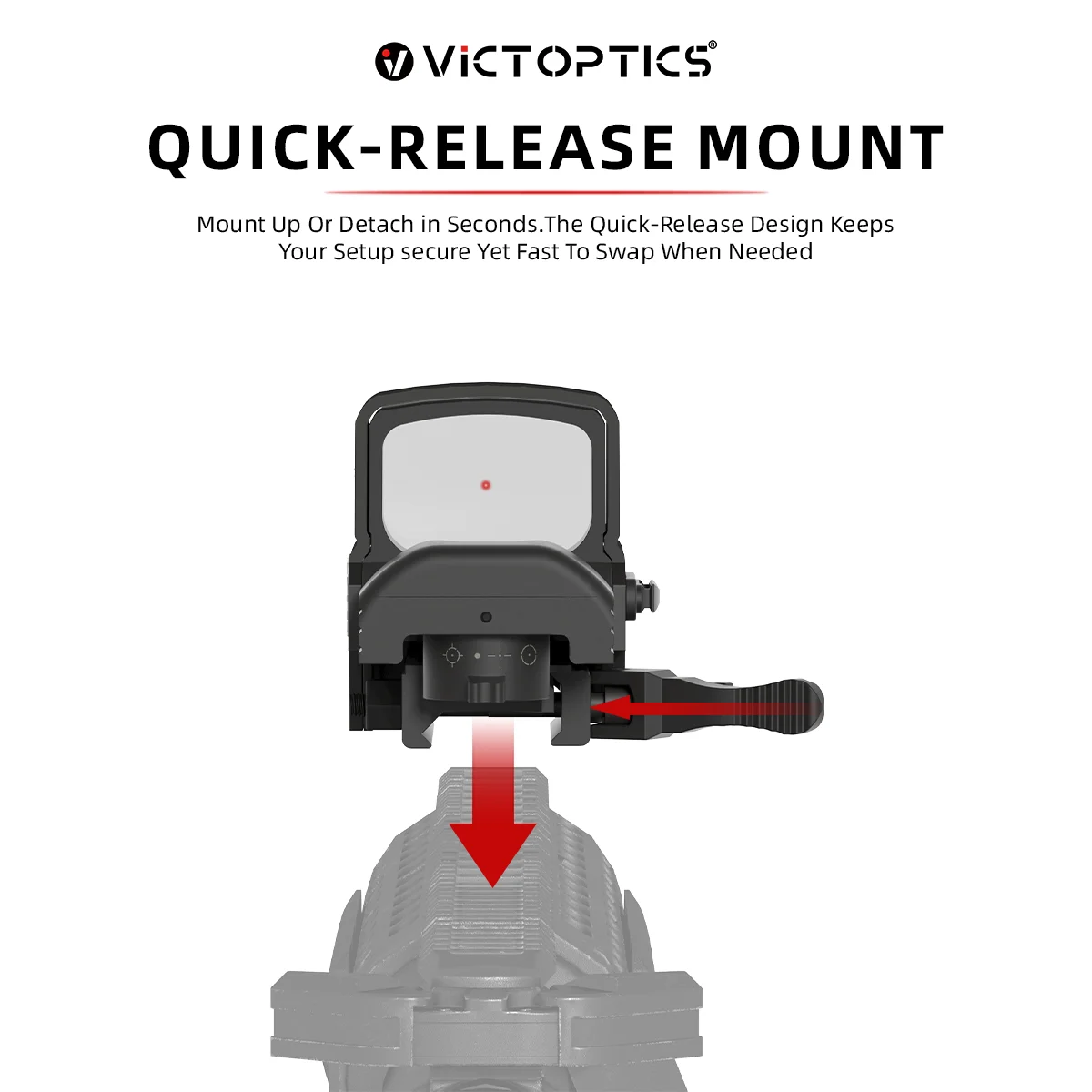 VictOptics SRD 1x23x33 mira de punto rojo con cuatro retículas, verde y rojo, 6 niveles de brillo, montaje de liberación rápida, ventana de visión amplia, batería lateral - imagen 5