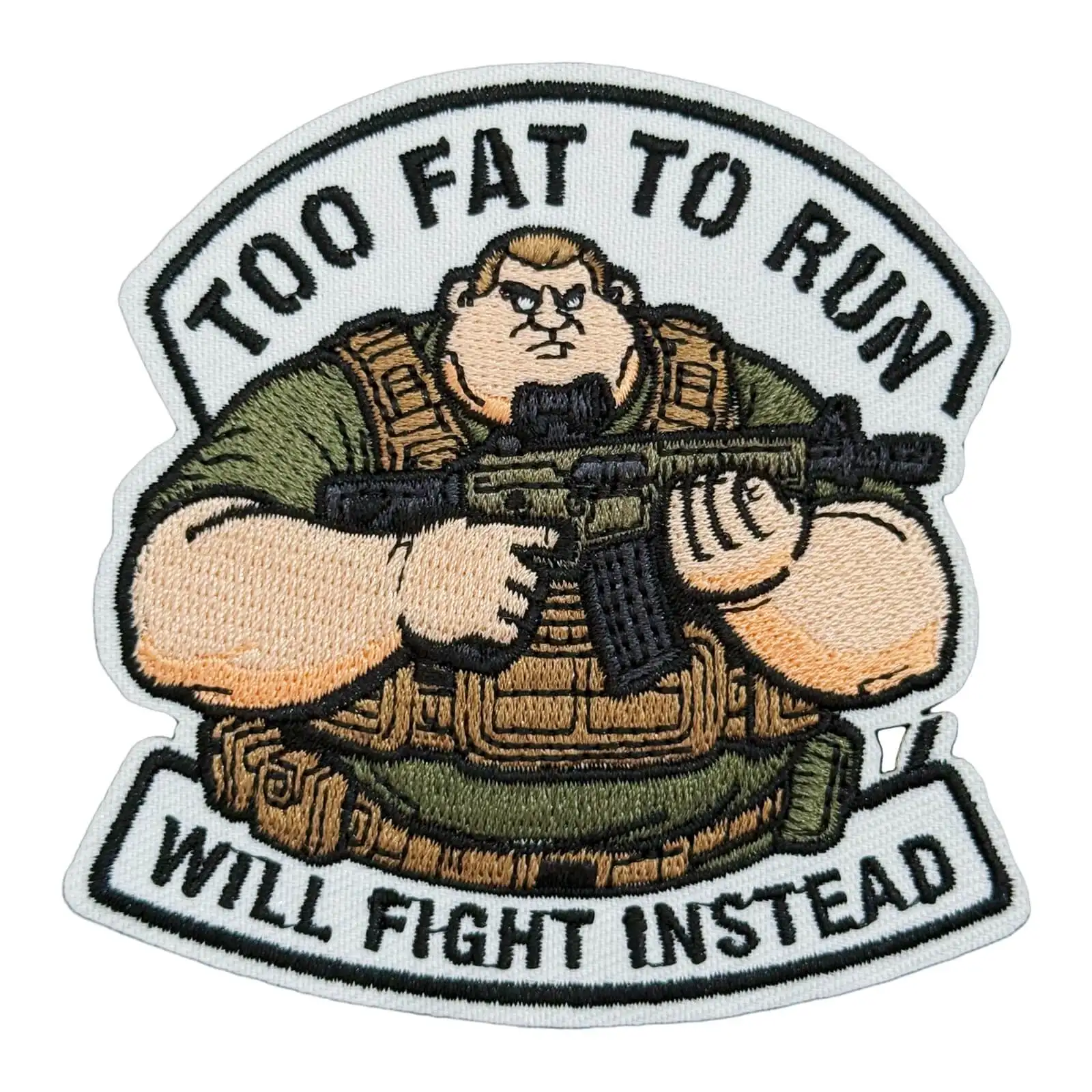 Demasiado gordo para correr Parche de velcros de soldado divertido, Parche táctico divertido bordado Parches militares de gancho y bucle para bolso, mochila