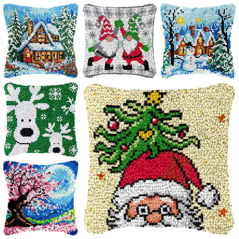 Gancho de pestillo de Navidad de dibujos animados, ganchos de paquete Smyrna, alfombras bordadas de punto, Kits de ganchos de pestillo bordados