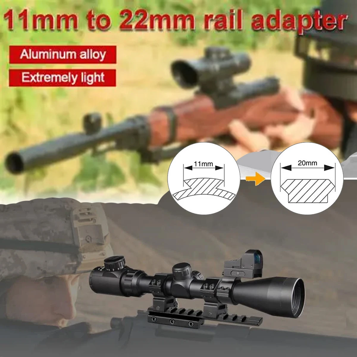 Adaptador de montaje de anillo de alcance de cola de milano de 11mm a 20mm, giro táctico para riel Picatinny de cola de milano, accesorios de caza, soporte para mira de Rifle