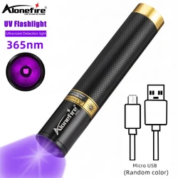 Linterna UV 365nm recargable USB para detección manchas minerales