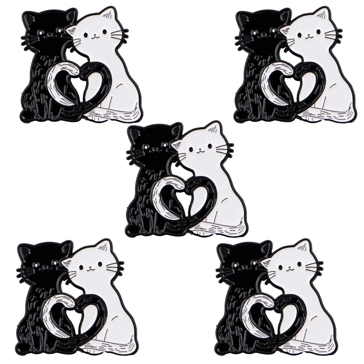 5 uds lindo gato blanco y negro esmalte Pin solapa Pin dibujos animados pareja broche conjunto alfileres de Metal mochila sombrero insignia Accesorios