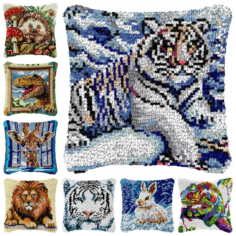 Kits de alfombra con gancho de pestillo de animales, Material bordado, almohada bordada tejida a mano, almohada con gancho de pestillo de estilo americano y europeo
