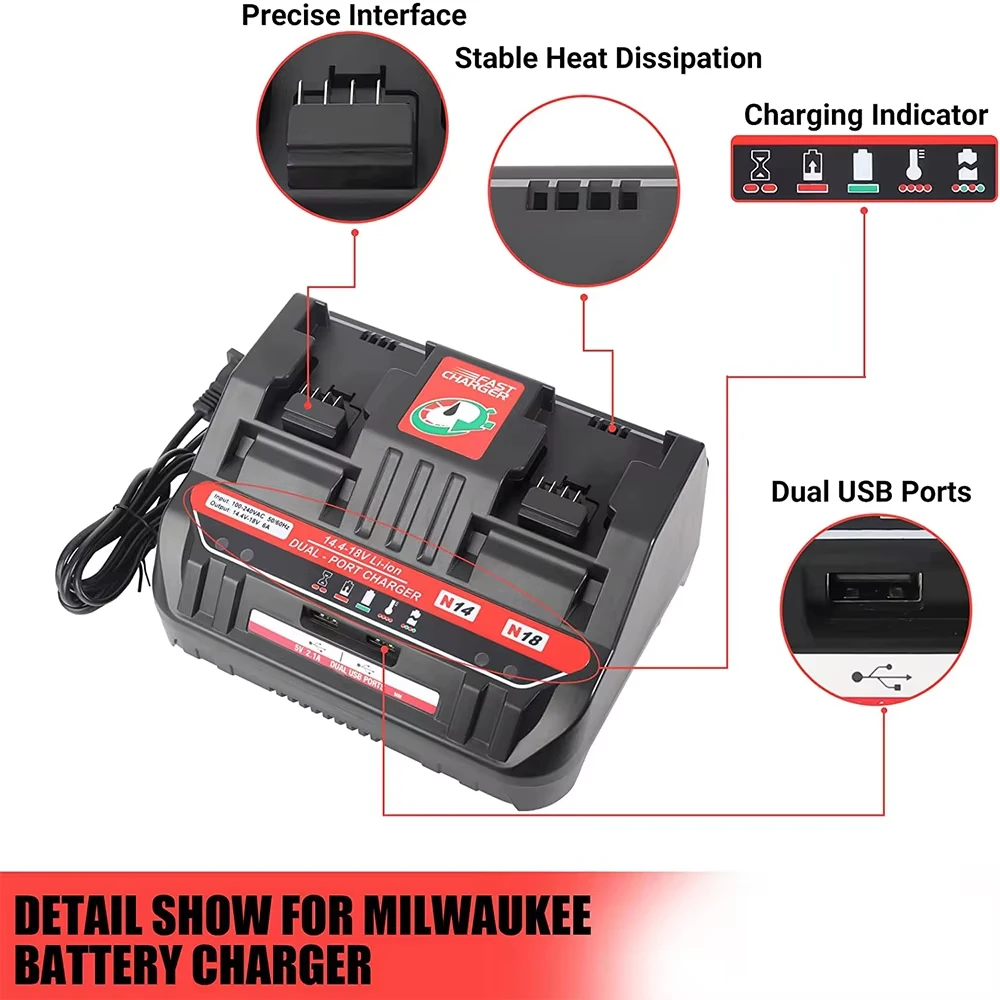 Estación de carga de batería de 2 puertos Compatible con batería de litio Milwaukee de 18V cargador de batería rápido 6A 160W con 2 puertos USB-A - imagen 5