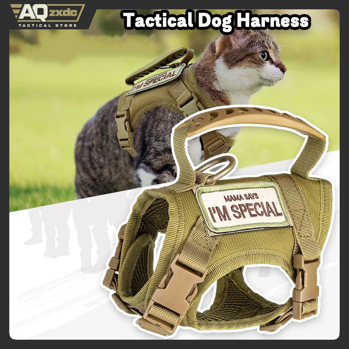 Arnés táctico para perros pequeños, entrenamiento de trabajo, color caqui, chaleco acolchado suave ajustable para perros, arnés sin tirones para mascotas militares al aire libre