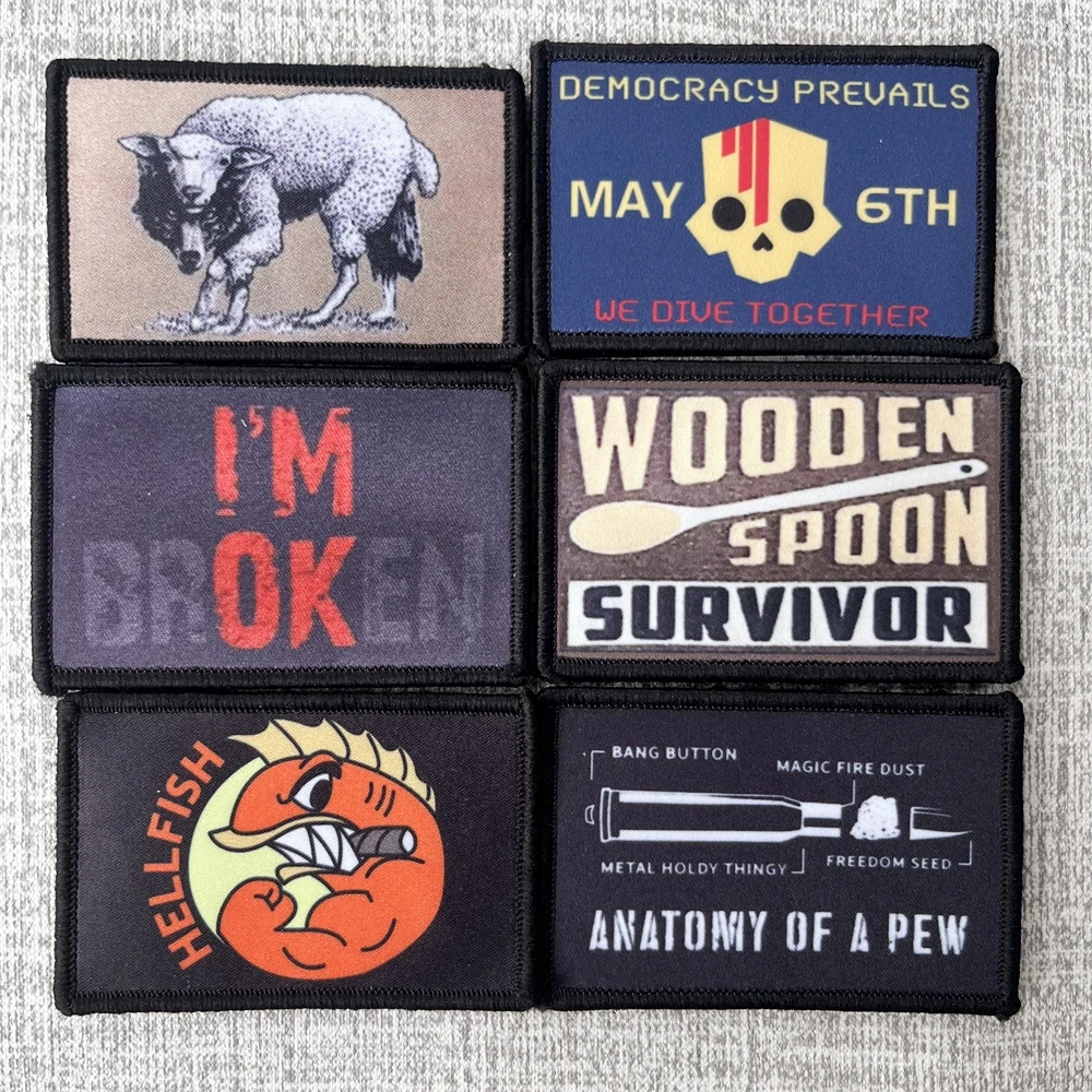 Parches de insignia de moral de Hellfish Fighting, mochila táctica de lobo en oveja, brazalete impreso, pegatina Helldivers 2