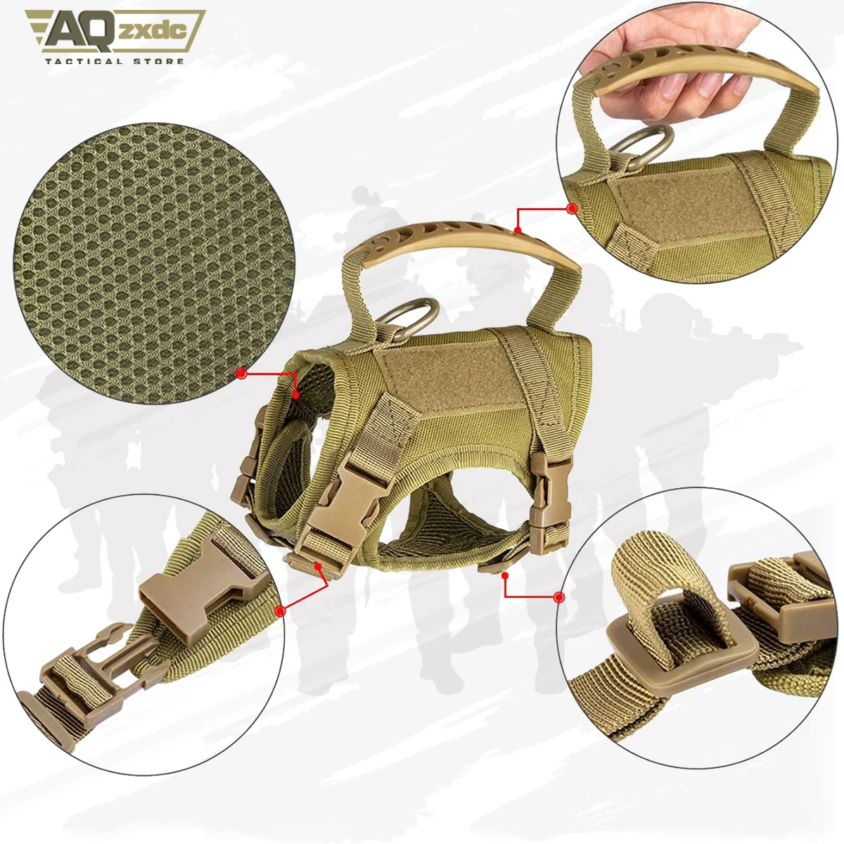 Arnés táctico para perros pequeños, entrenamiento de trabajo, color caqui, chaleco acolchado suave ajustable para perros, arnés sin tirones para mascotas militares al aire libre - imagen 5