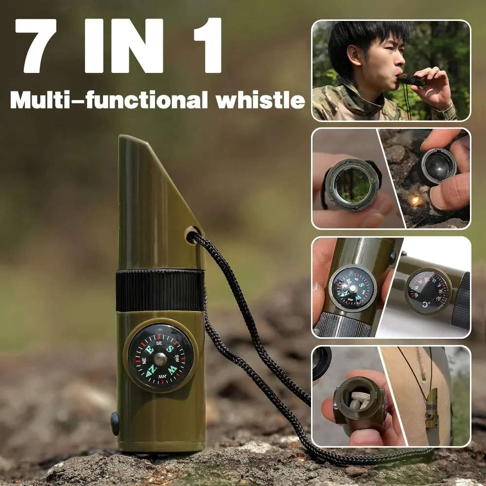Silbato de supervivencia multifunción 7 en 1 con brújula y termómetro, ligero para acampar, hacer senderismo y aventuras al aire libre - imagen 2
