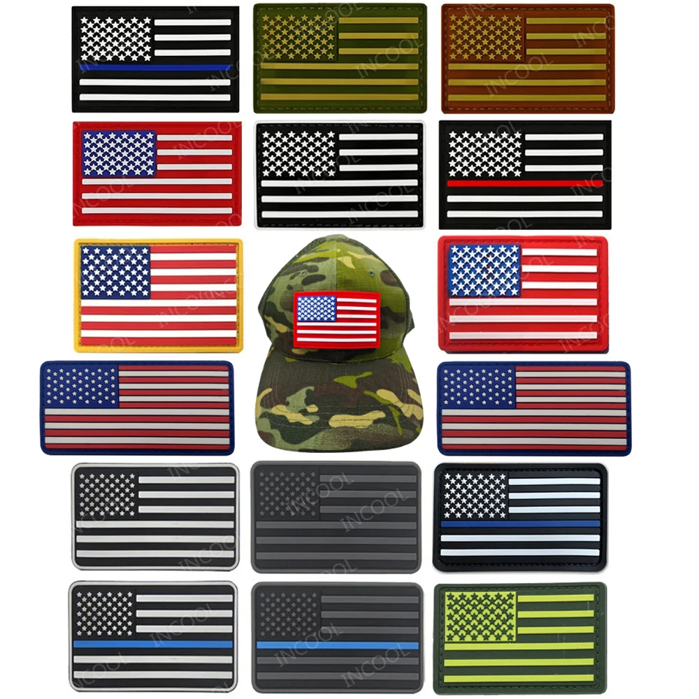 Parches de goma de PVC con bandera de Estados Unidos de América, gancho fino de línea azul y roja, brazalete luminoso trasero, insignias decorativas para hombros