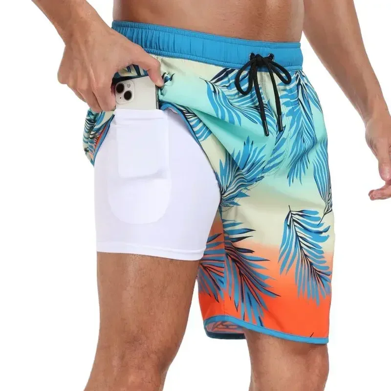 Bañadores de verano con bolsillos y forro, pantalones cortos de baño para hombre, traje de baño estampado con cordón, pantalones cortos de playa de secado rápido para hombre - imagen 2