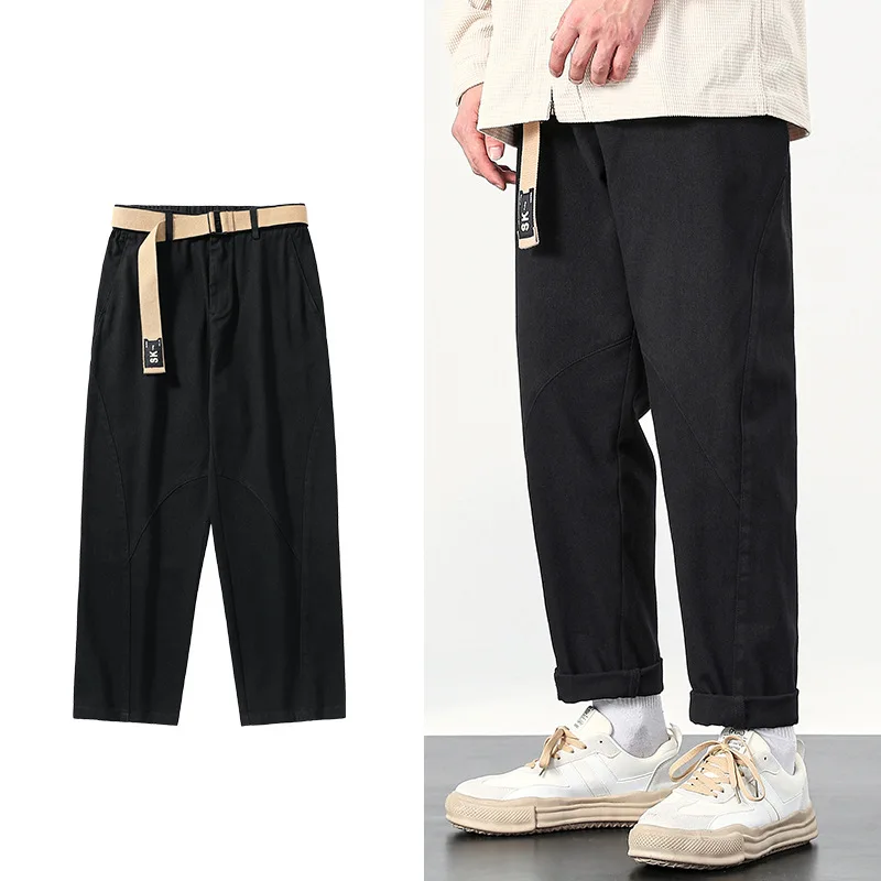 Pantalones rectos de algodón con cinturón para hombre, ropa de calle masculina, holgada, informal, estilo Hip Hop, primavera y otoño - imagen 3