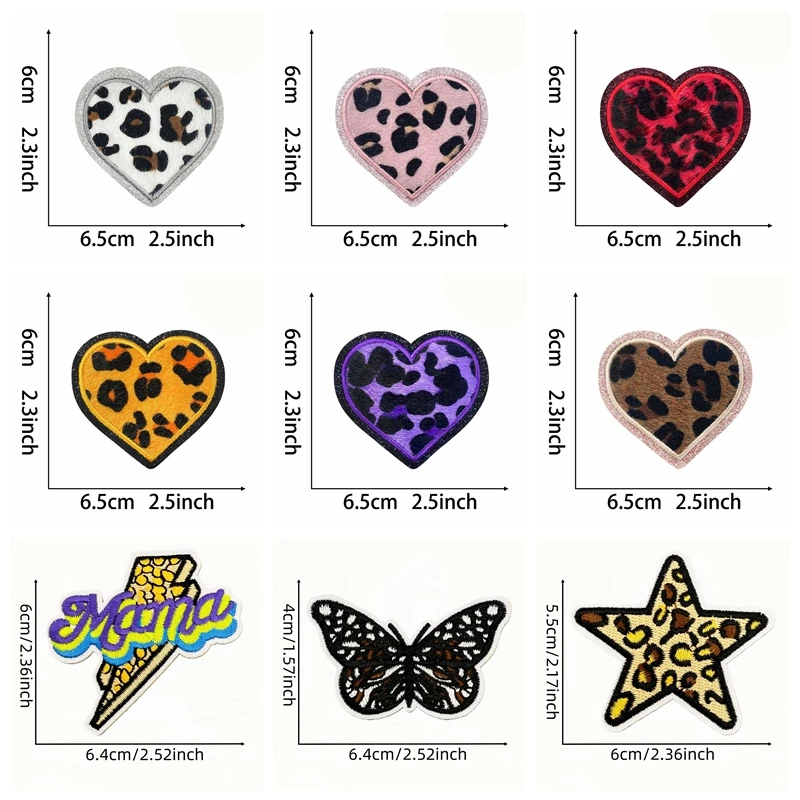10 unids/lote de parches bordados de la serie con estampado de leopardo de dibujos animados, parches para planchar para ropa, parche para labios de cereza y mariposa, chaqueta DIY - imagen 2