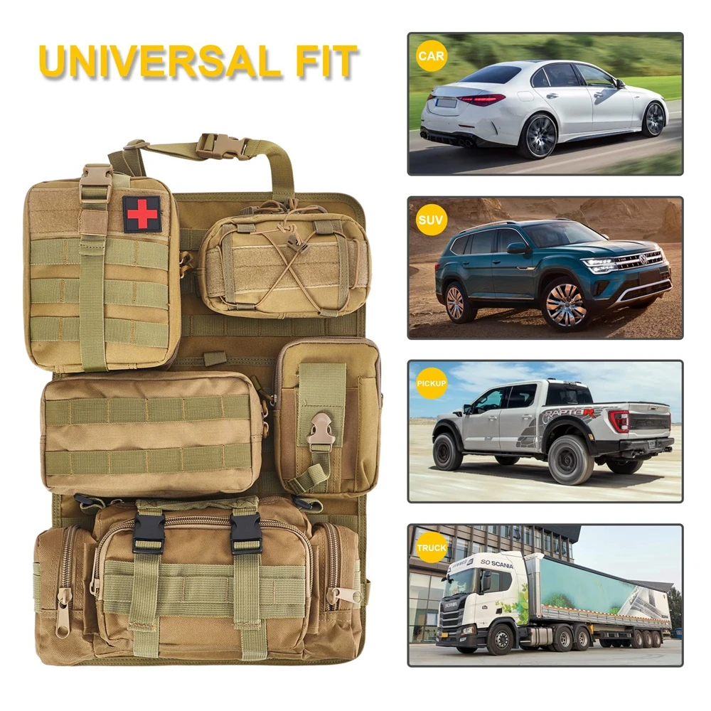 Asiento táctico universal ​ Organizador trasero para vehículo, organizador de Panel Molle, bolsa de almacenamiento con 5 bolsas Molle desmontables para todos los vehículos - imagen 3