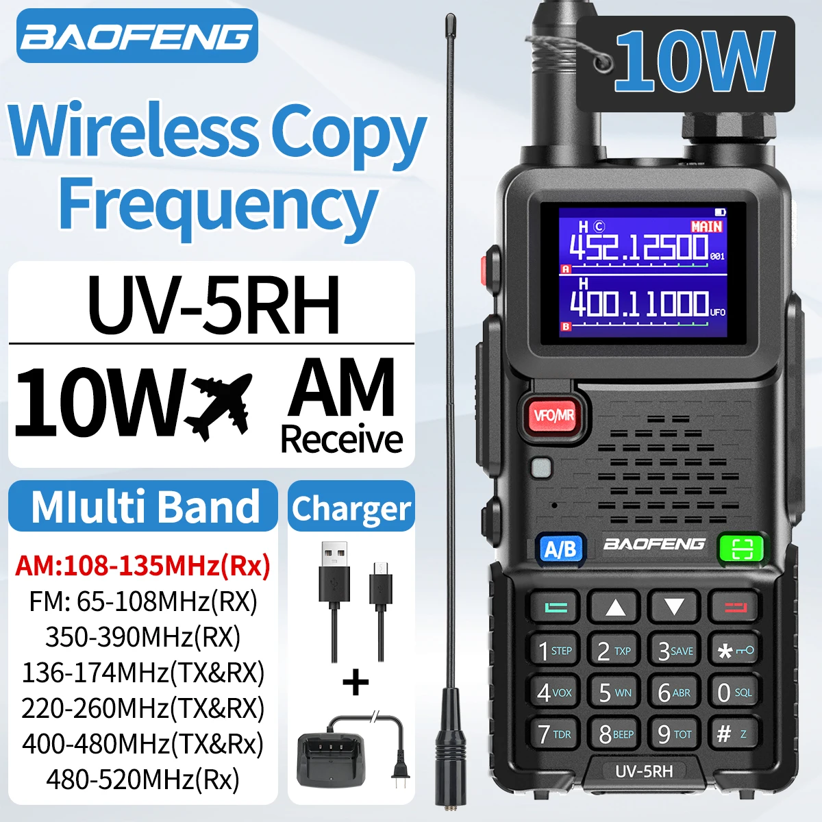 Baofeng UV 5RH 10W bandas completas Walkie Talkie sin cables copia frecuencia tipo C cargador mejorado UV 5R transceptor Ham Radio bidireccional