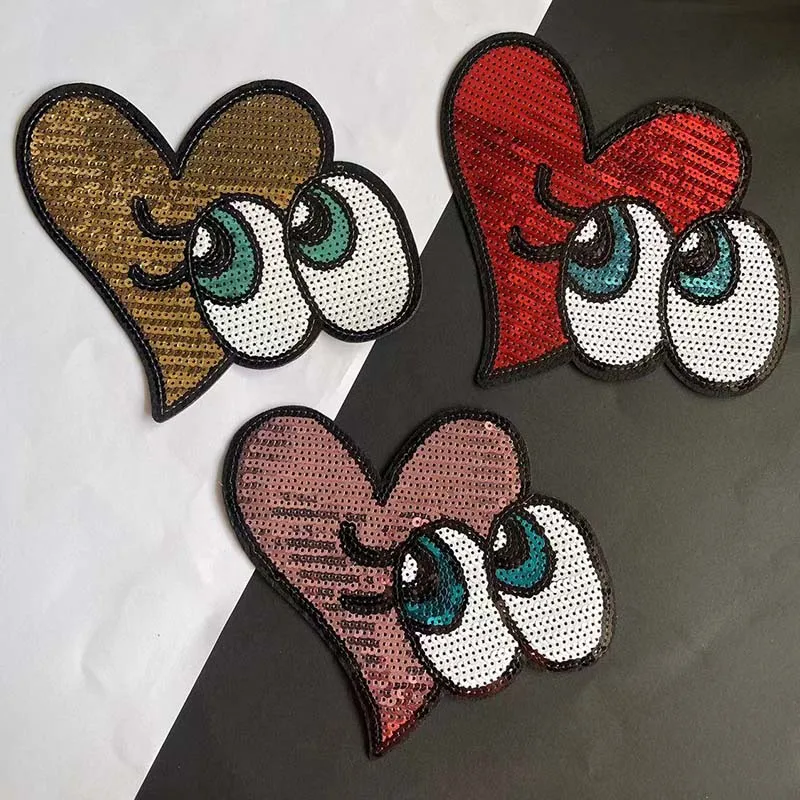 Parche termocollante de lentejuelas de dibujos animados, bordado de ojos en forma de corazón, parches para planchar, pegatinas para ropa, 17x16CM - imagen 2