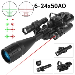 Mira telescópica para Rifle 6-24x50, combinación de óptica iluminada doble con mira láser roja y verde, linterna con mira de punto rojo y verde