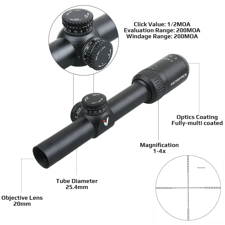 Victoptics 1-4x20 LPVO mira telescópica para Rifle de caza, mira óptica Airsoft, Rifle de aire Rimfire.22LR.177HMR.223 5.56 - imagen 2
